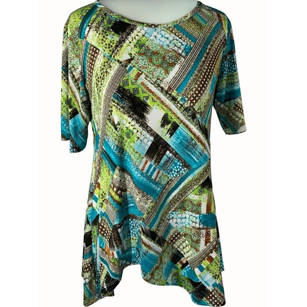 N Touch Womens Multicolor Patchwork Print Short Sleeve Blouse Size Small